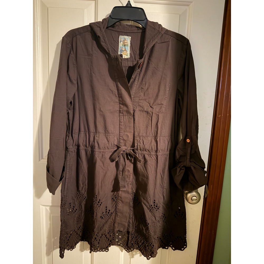 Burning Torch Black Hooded Utility Jacket Eyelet Trim Cinch Waist Size M